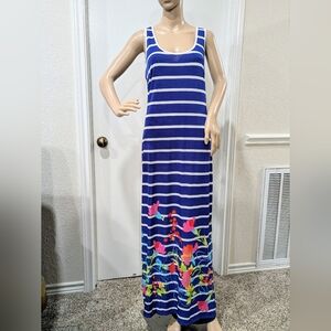 Woman's Sz. XL Blue Striped Maxi Tank Dress with Floral Accents